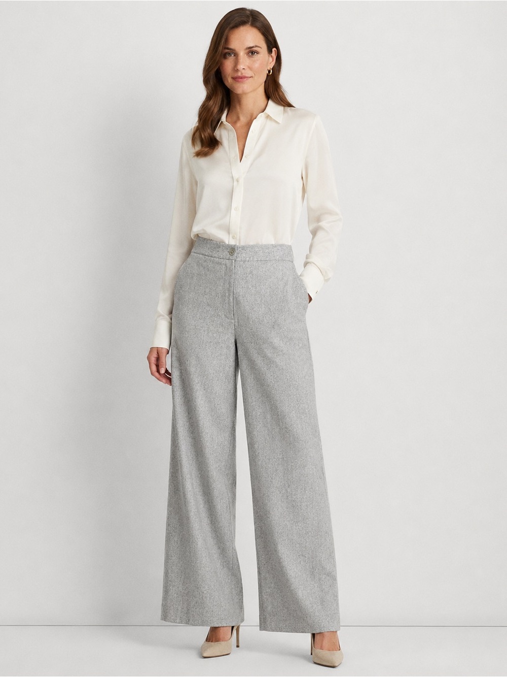 Ralph Lauren Wide Leg Wool-Blend Pants in Light Gray
